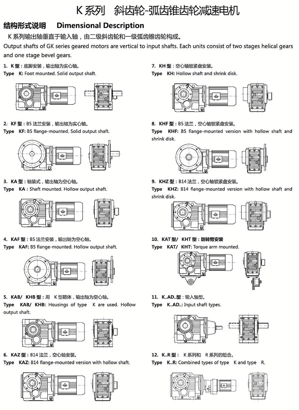 K系列斜齒輪-弧齒錐齒輪減速電機結構形式說明